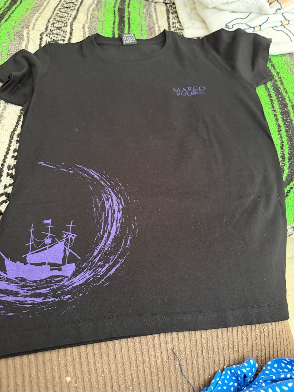 Marco Polo Men’s Black Short Sleeve Tee with Purple Ship Graphic